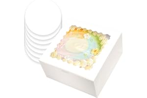 qiqee White 8x8x5 Cake Box, 4 Sets White Cake Box with Window ＆ 4 Sets 8" White Cake Round Boards, 8inch Cake Containers