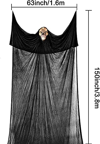 13ft Halloween Hanging Ghost Decorations, special sound effects, Collocation Scary Fake Spiders and Stretch Cbowebs, Creepy Skeleton LED Hanging Props for Halloween Party Indoor and Outdoor Decor
