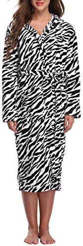 WitBuy Women's Animal Print Long Plush Robe Warm Hooded Bathrobe Fleece Spa Robe
