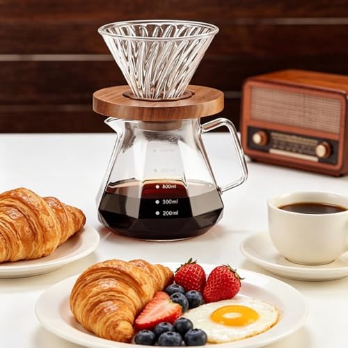 HOOPZOZA V60 Coffee Pot 600mL Pour Over Coffee Maker Set Glass Drip Filter with Tick Marks for Drip Coffee Maker Coffee Dripper (D-600-set)