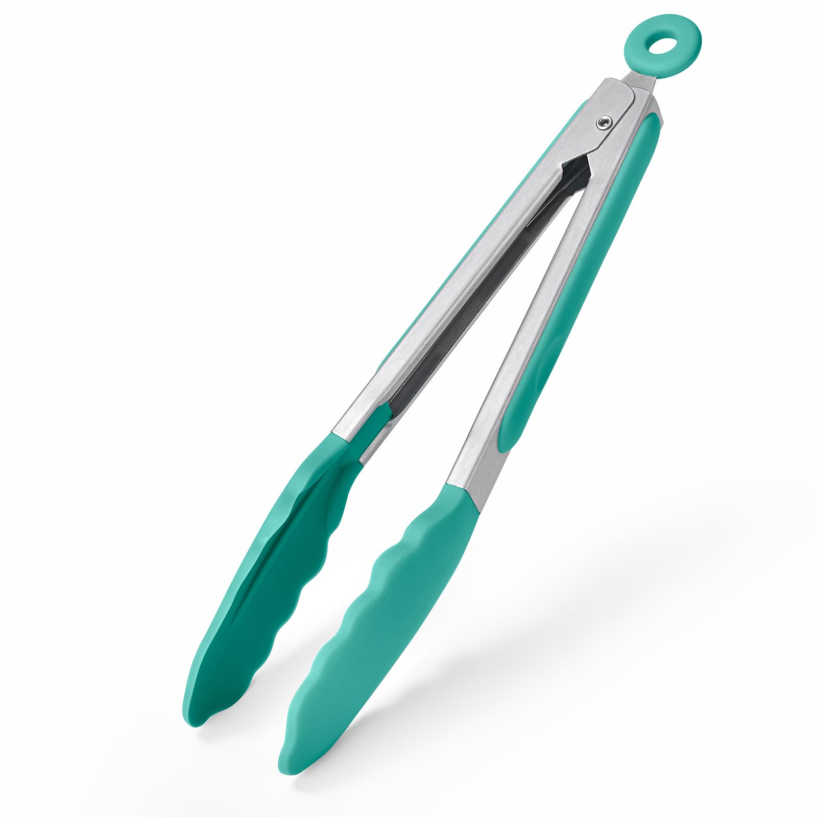 250℃ Heat Resistant Kitchen Tongs: U-Taste 22cm Silicone Cooking Tong with Firm Sealed Non Stick Silicone Tips & Silicone Coated 18/8 Stainless Steel Handle & Smooth Locking for Serving (Aqua Sky)