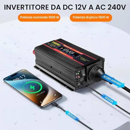 Lnopever 1500 W Power Inverter 12 V 220 V, Premium Avec Alum Cigare, Current Converter with 2 USB Ports, for Car, Steam Boat, Car Camper Refrigerator and Computer