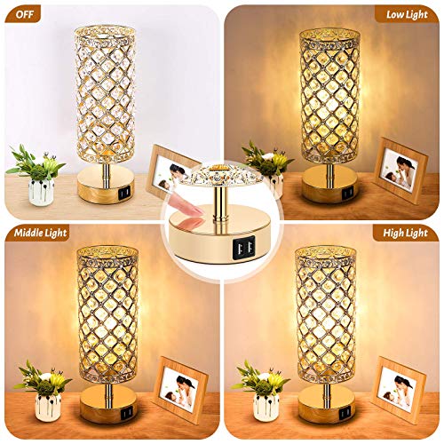 Set of 2 Touch Control Crystal Table Lamps with 2 USB Ports, 3Way