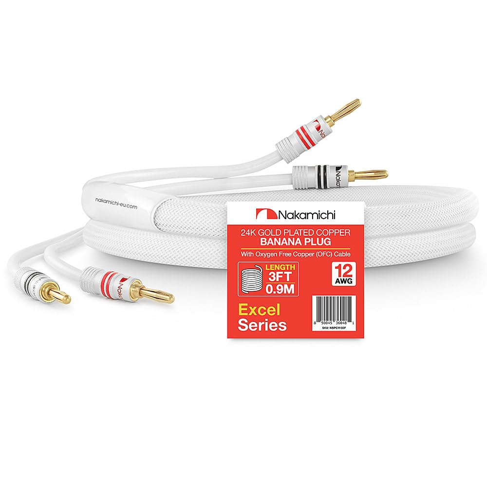 Nakamichi Excel Series 24k Gold Plated Banana Plugs With Speaker Cable Wire 99.9% Oxygen-Free Copper (OFC) Heavy Duty Braided for Amplifier Hi-Fi Home Theatre - White (12 AWG / 3 feet / 0.9m)