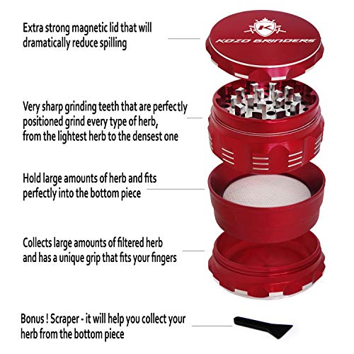Kozo Best Herb Grinder [Upgraded Version]. Large 4 Piece, 2.5" Red