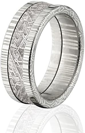 Rumors Jewelry8mm Wide Meteorite Bands w/Comfort Fit Damascus Steel, Meteorite Rings