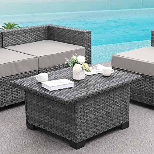 Patio Rattan Coffee Table with Hidden Storage, Wicker Liftable Dinning