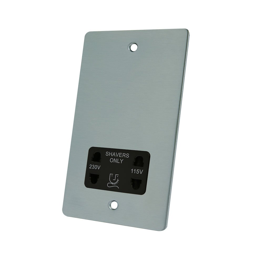 AET FSCSHABL Satin Chrome Flat Black Insert 2-Gang Dual Voltage 115V/230V Shaver Socket, 230 V