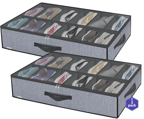 Onlyeasy Großer Unterbett-Schuh-Organizer (12 Paar x 2) – Unterbett-Schuhschrank-Aufbewahrungslösung mit Metall-Reißverschluss und 2 Griffen, atmungsa