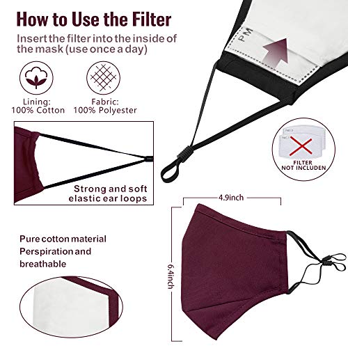 Cloth Face Mask Washable, Reusable Cotton Face Masks Adjustable for Women Adult Men, Unisex Face Coverings - Breathable Comfortable No Fog Colored Mask 3 Pack - Black, Gray, Burgundy