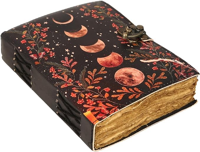 Saify Handicrafts Blank Spell Book of Shadows Journal with Lock Clasp Vintage Handmade Leather Journal Moon Phase Print Diary Prayer Pagan Witchcraft Supplies Wiccan Decor Notebook Daily (8x6)