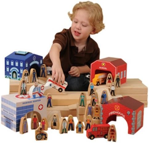 CP Toys Wooden Community Play Set with 4 Buildings, 4 Vehicles, and 25 Figures by CP Toys
