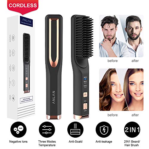 Cordless Hair Straightener ANLAN Ionic Hair Straightening Brush Cordless Beard Straightener Comb Hot Tools with Fast Heating, Anti Scald, Adjustable Temperature for Women Men Hair Styler Hot Comb