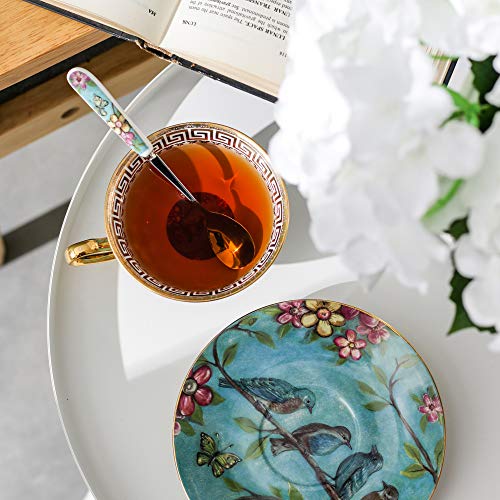 Panbado 3 Piece Bone China Tea Cup Saucer Set with Spoon Porcelain Gold Rimmed Teacup Coffee, Flower and Birds, 200 mL/6.8 oz, Blue, Cup & Saucer