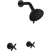 YANCASENO 2 Handle Shower Faucet,Wall Mounted Two Handles Shower Faucet Set with 8 Modes Rainfall Shower Head,2 Knobs Single Function Shower Trim Kit with Rough-in Valve,Matte Black
