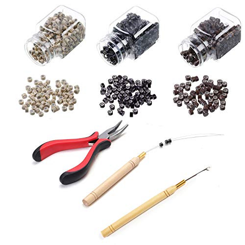 Hair Extension Kit Pliers Pulling Hook Bead Device Tool Kits and 1500 Pieces Silicone Lined Micro Rings