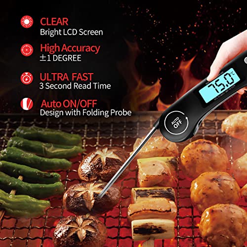 DOQAUS Digital Meat Thermometer, Instant Read Food Thermometer with Backlight LCD Screen, Foldable Long Probe & Auto On/Off, Meat Thermometer Probe for Kitchen, BBQ, Water, Milk, Cooking Food (Black)