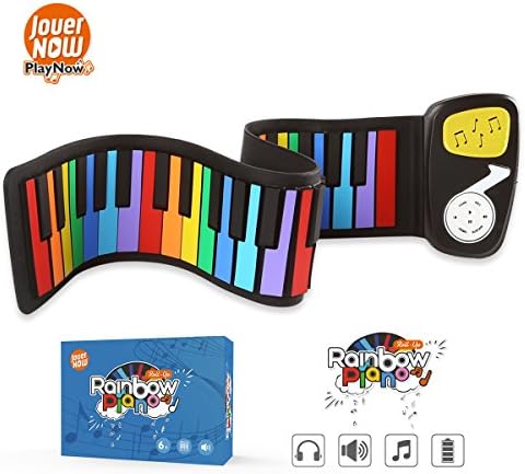 JouerNow Rainbow Roll Up Piano, with Music Scores - PLAY by COLOR, 49 Standard Keys with Built-in Speaker, Educational Toy for Beginner, Perfect Gift for Children (Yellow)