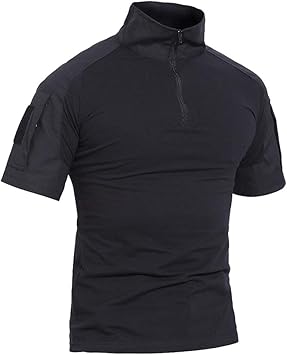 Amazon Co Jp Akarmy メンズ タクティカルシャツ Combat Airsoft ラピッドアサルト迷彩シャツ スリムフィット プルオーバー 半袖 1 4ジップtシャツ X Small ブラック スポーツ アウトドア