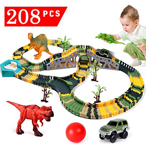 Alpacasso Toy Car Race Tracks Set, Dinosaur Toys Dino World Playset with 192 Pcs Flexible Train Track + 1Car + 3 Dinosaurs for Kids Boys Girls Ages 3 4 5 6 7 8 + Years Old (Best Race Track Toy)