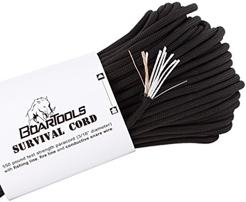 100' Survival Cord Paracord bundle by Boar Tools | Multi-use 550 mil spec paracord rope includes FISHING LINE, FIRE LINE and SNARE WIRE (Black)