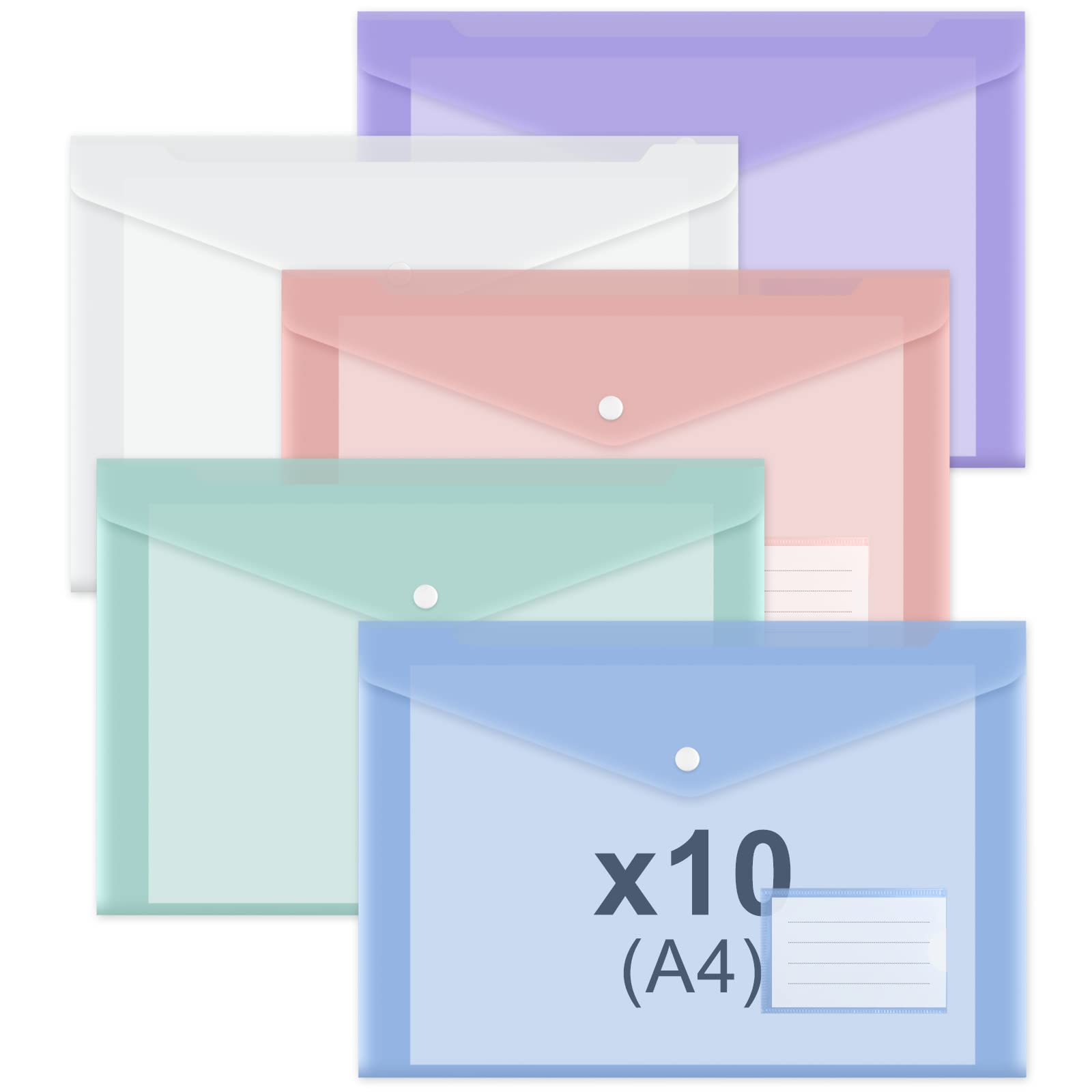 NEBURORA 10 Pack Plastic Envelopes Folders, Clear Plastic Folders with Snap, A4 File Folder with Label Pocket, for School Home Work Office, 5 Colors, A4 Size