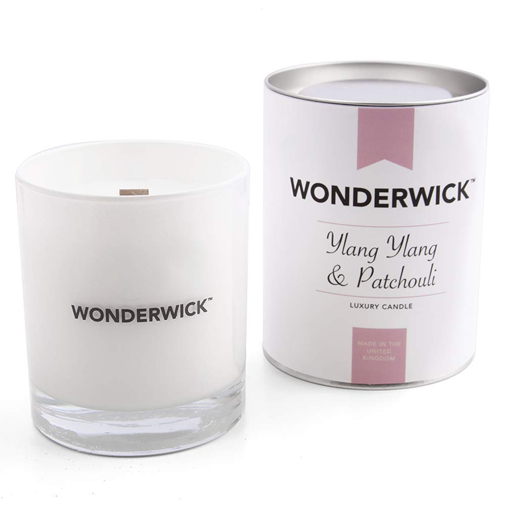 Wonderwick Blanc Glass Candle - Ylang Ylang and Patchouli Scented, Up to 45 Hours Burn Time