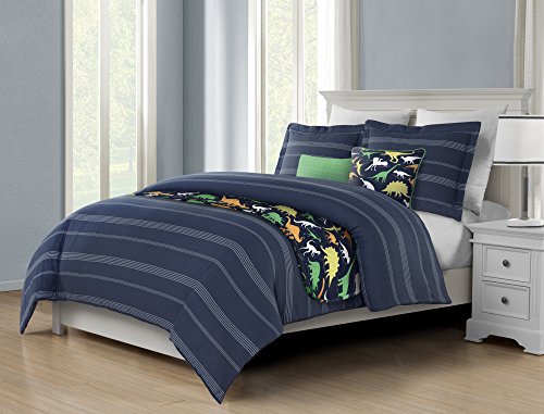 Balmont Collection Dinosaur Pinstripe 6 Piece Comforter Set Navy