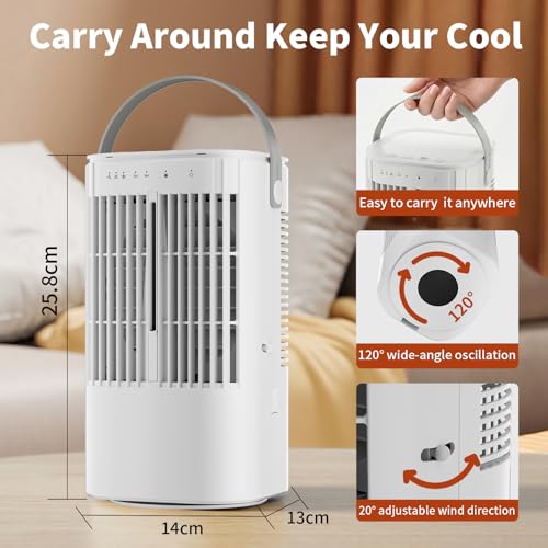 Portable Air Conditioner,1000ML Air Conditioning with Quiet Cool Mist, 7-Color Night Light, 120° Oscillation & Timer, for Bedroom, Car, Office