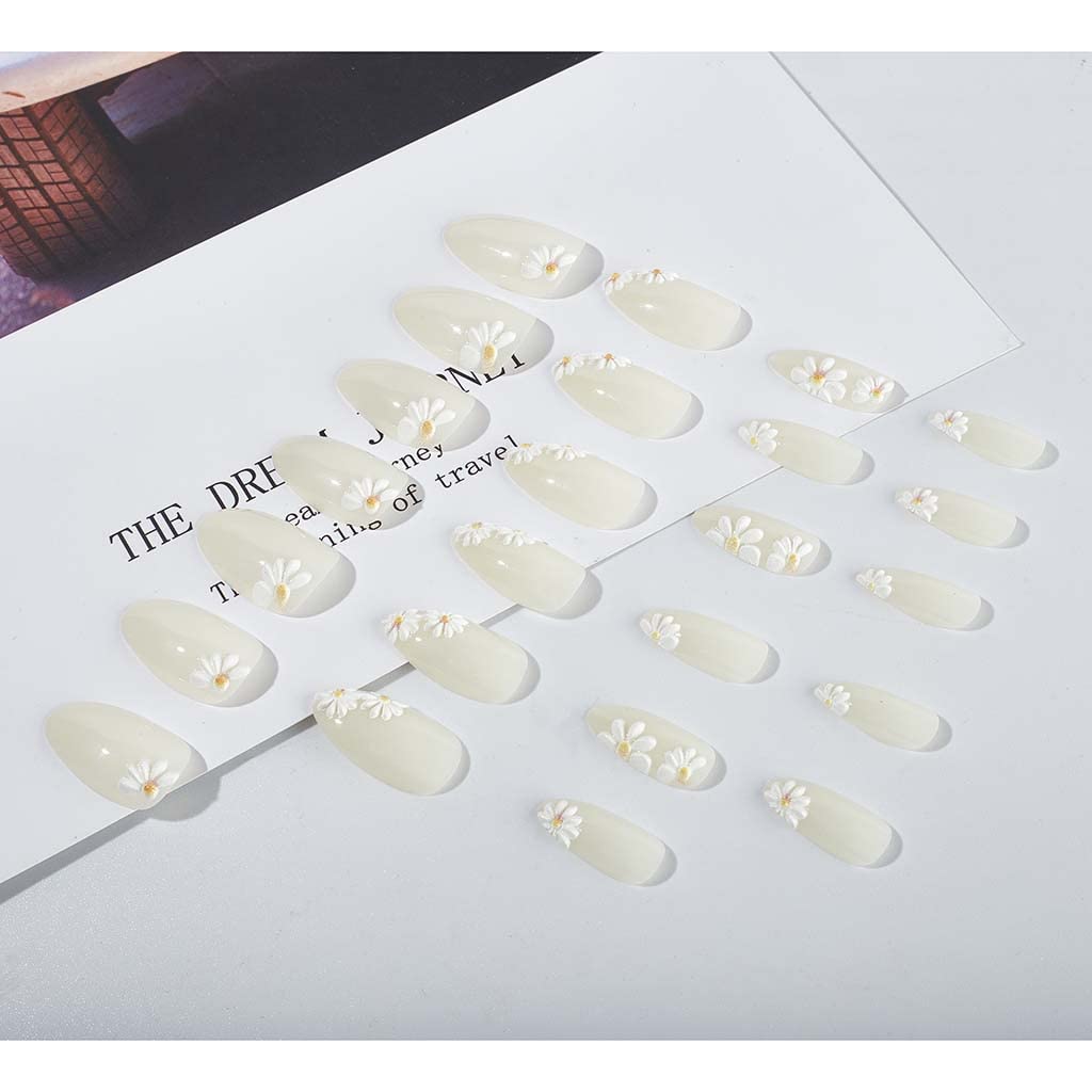 RikView White Almond Press on Nails Medium Fake Nails Nude Stick on Nails Embossed Nails with Daisy Design - Image 4