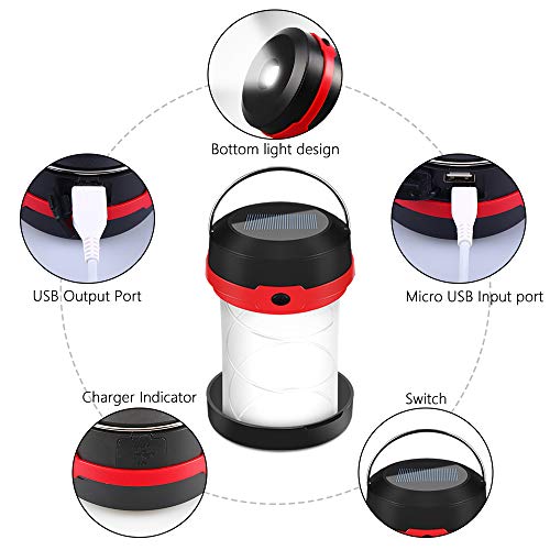 Molbory Camping Lantern Flashlight Foldable, 2 Charging Methods Solar and USB with 3 Light mods Foldable Camping lamp and Hook for Hanging for Camping, Outdoor, Hiking, Fishing, Adventure, Red