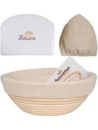 9 inch Banneton Proofing Basket Set - for Professional & Home Bakers (Sourdough Recipe) w/ Bowl Scraper & Brotform Cloth Liner for Rising Round Crispy Crust Baked Bread Making Dough Shape Loaf Boules