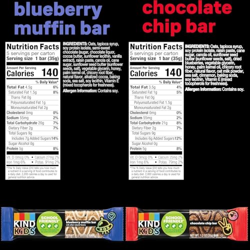 KIND KIDS SCHOOL FRIENDLY BLUEBERRY MUFFIN AND CHOCOLATE CHIP OAT BARS VARIETY PACK, TREE NUT AND PEANUT FREE, GLUTEN FREE, MADE WITH WHOLE GRAIN OATS, 5G PROTEIN, 10 COUNT