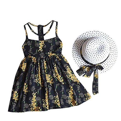 Fabal 2PCS Toddler Kids Baby Girl Outfit Clothes Chiffon Floral Vest Dress Sun Hat Set (3T, Black)