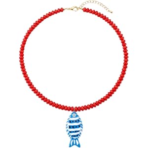 IQPDYV Boho Beaded Fish Necklace for Women Red Blue Beaded Fish Pendant Necklace Colorful Resin Long Necklaces Summer Beach J