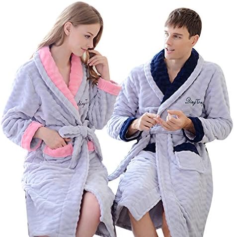 Nueking Women's Men's Flannel Fleece Matching Couples Robe Bathrobe Winter Pajama Grey Large