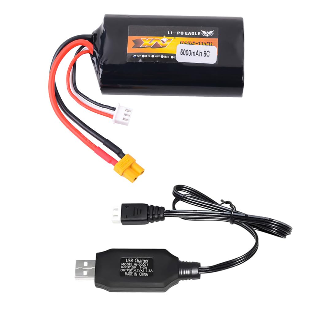 Yangers 7.4V 5000mAh 2S Lipo Battery Rechargeable Replacement Batteries Pack 8C XT30 Plug Connector with USB Charger Set for Radiomaster TX12 T14 T15 TX16S TX18S T18PRO Transmitter RC Toys