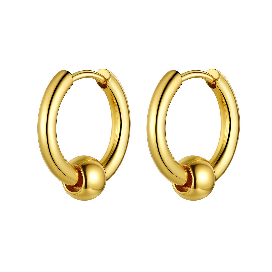 GoldChic Jewelry Men Gold Beads Huggie Earrings for Men Women, Hinged Hoop Earring Plain Geometric Earrings Punk Jewellery