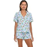 COCO BRANDS The Smurfs Women’s Pajama Set, Soft Stretchy Pajama Shorts & Short Sleeve, Notch Collar, Button Down Top