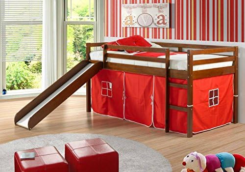 Kid's Twin Low Loft Bed w/ Slide and Tent - Espresso w/ Red