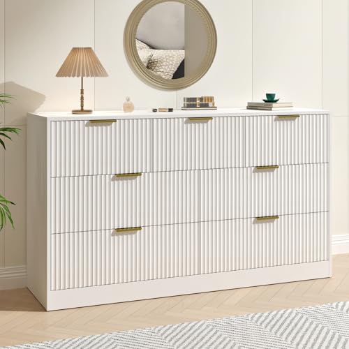 BAZELOR Dresser for Bedroom with 7 Drawer, 55” Wide White Dresser Modern Chest of Drawers with Metal Handle, Wooden TV Stand Storage Organizer for Entryway,Living Room, White
