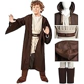 Kuberas Kids Costume Tunic Hooded Robe Pants Belt Shoes Cover Lightsaber Halloween Cosplay Outfit Boys 3-12 Years