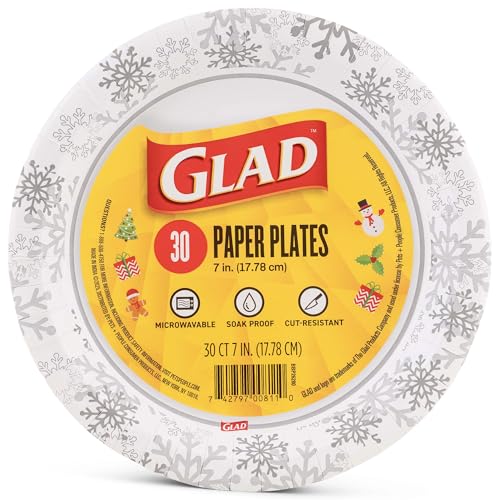 Glad Disposable Paper Plates with Holiday Grey Snowflake Design - Soak Proof, H…