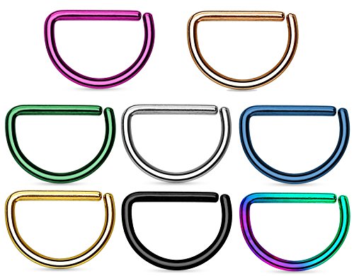 16G D Shape Titanium Septum Ring - Choose Size & Color (For Professional Use)