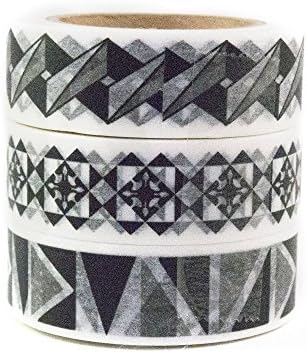Japanese Washi Masking Tape by Minas Crafts, 0.6 Inches Wide, 32.8 Feet Long, Set of 3 - Abstract Black