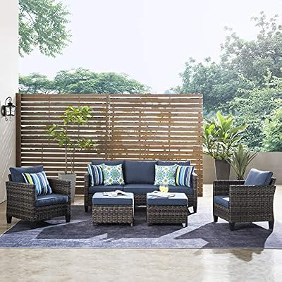 Amazon Com Ovios Patio Furnitue Outdoor Furniture Sets Morden Wicker Patio Furniture Sectional With Table And Pillow Backyard Pool Grey Denim Blue Kitchen Dining