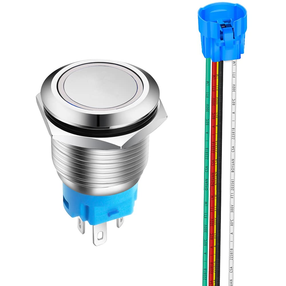 Gebildet 1 Piece 0.75 Inch/19mm Stainless Steel Momentary Push Button 12V-24V 5A LED 1NO1NC SPDT ON Off Waterproof with Wire Socket Plug(White LED) โ image 1