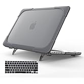 Funut for MacBook Air 13 inch Case 2022 2023 2024 2025 M4 A3241 M3 A3113 M2 A2681 with Touch ID, Heavy Duty Plastic Hard Shell with TPU Bumper Fold Kickstand & Keyboard Cover for MacBook Air 13, Gray