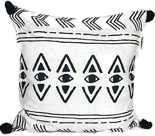 Hollys House Native American Tribal Eye Black Pom Poms Cushion Cover 100% Hand Printed Linen 24 X 24/60 x 60 cm