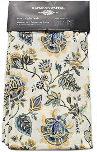Raymond Waites Window Curtains Blue Exotic Jacobean Flowers Print Leaves Floral Climbing Vine Garden Branches Road Pocket 100% Cotton Drapes 2 Panels 52-by-96-inch Navy Ivory Turquoise Yellow Tan